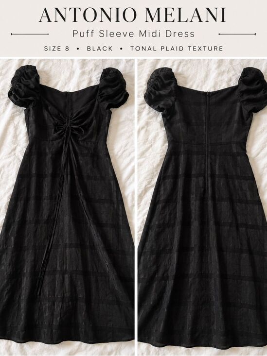 ANTONIO MELANI Dresses & Skirts - Antonio Melani Puff Sleeve Midi Dress | Size 8 | Elegant Black Occasion Dress